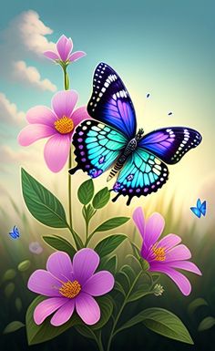 a blue butterfly sitting on top of a pink flower with purple flowers in the foreground