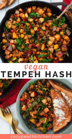 two pictures with different types of food in them and the words vegan tempeh hash