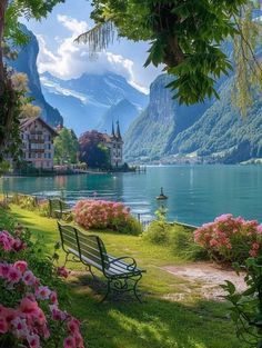 a bench sitting on top of a lush green field next to a body of water