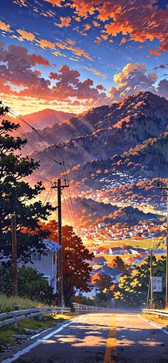 a painting of a sunset with mountains in the background and power lines running across the street