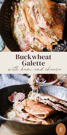 a plate with ham and cheese on it, next to a bowl of bread that says buckwheat galaette