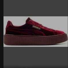 Authentic Brand New Puma Creepers Puma Velvet Creepers By Rihanna Very Rare & Hard To Find Gorgeous Crimson Hue Gold Puma Lettering Platform Classic Heels Includes Laces No Box But Will Share Very Carefully Please View All Photos & Video Fast Shipping Fenty Puma Creepers, Rihanna Fenty Puma, Velvet Creepers, Rihanna Creepers, Puma Fashion, Puma Creepers, Burgundy Sneakers, Puma Fenty, Fenty X Puma