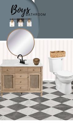 a bathroom with a checkered floor and gray walls