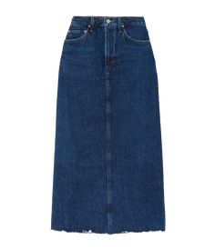 AGOLDE says this 'Hilla' skirt is "designed to be the piece you build your outfit around." Inspired by styles from the mid-'90s, it's cut from dark organic denim blended with pre- and post-consumer cotton. The frayed hem is split at the back for a comfortable fit. Made in USA. Material: 69% organic cotton, 23% pre-consumer recycled cotton, 8% post-consumer recycled cotton. Care Instructions: Cold Machine Wash. Style A Jean Skirt, Build Your Outfit, Skirt Outfits Ideas, Jean Midi Skirt, Denim Skirt Trend, Jean Skirt Outfits, Long Denim Skirt, Skirt Trends, Frayed Denim