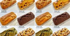 eight different types of breads with chocolate and almond toppings on them, all labeled in chinese