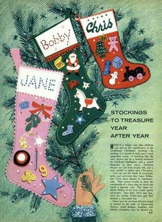 an old fashioned christmas stocking pattern with stockings and other decorations on the tree branch