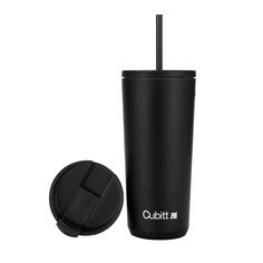 the tumbler cup has a straw in it and is next to a black lid