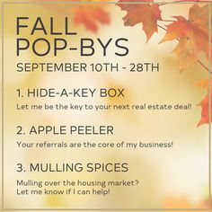 the fall pop - bys flyer is shown with an image of autumn leaves on it