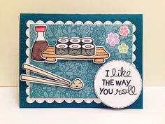 a handmade card with sushi and chopsticks