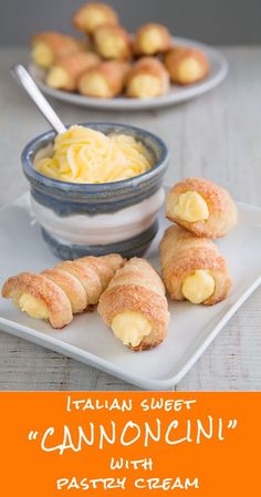 italian sweet cannocchi with pastry cream on a white plate next to bowls of macaroni and cheese