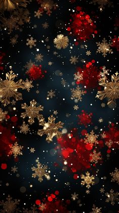 snowflakes and stars on a black background with red and gold glitters in the middle