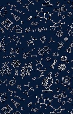 a blue and white background with many different types of science related objects on it's surface