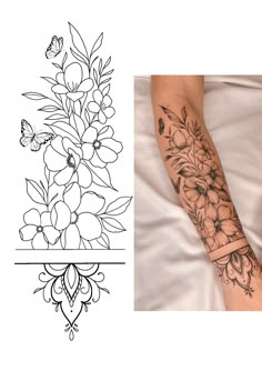 a woman's arm with flowers and butterflies on it, next to an image of the