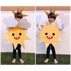 two pictures of a young boy wearing a sun costume