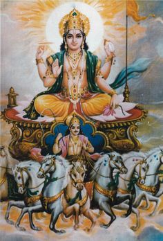 an image of the hindu god sitting on top of four white horses and surrounded by other animals