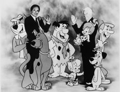 an old black and white photo of cartoon characters with one man in the middle holding his hand out