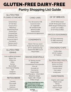 the gluten - free dairy - free pantry shopping list is shown in red and white