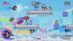 an animated video game with various characters in the air and on top of some clouds