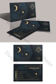 a set of three business cards with stars and the moon on them, all in dark blue