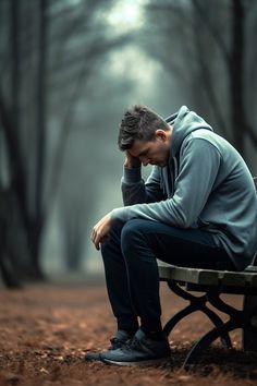 a man sitting on a bench in the middle of a forest with his hands to his face