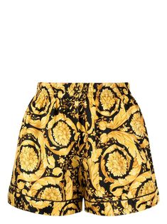 black/gold-tone silk signature Barocco print elasticated waistband straight leg Silk Loungewear, Silk Pajamas Shorts, Versace Shorts, Versace Couture, Print Pajamas, Loungewear Shorts, Mini Shorts, Versace Jeans, Gianni Versace