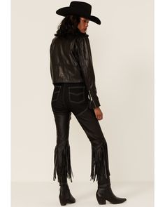 Cowboy Fringe, Leather Couture, Cowboy Denim, Chaps Jeans, Fringe Pants, On Knees, Leather Outfit, Leather Fringe, Washed Denim