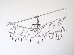 a black and white drawing of a cable car going up the mountain side with pine trees