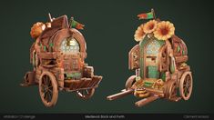 an artistic rendering of a wooden cart with flowers on the front and side, as well as a green background