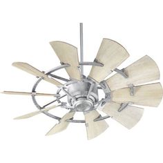 a ceiling fan with wooden blades on it