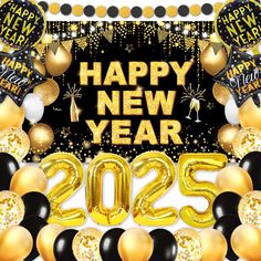 PRICES MAY VARY. 【What Will You Get】Unwrap the magic of 2025 with our ultimate New Years Eve party supplies 2025! Dive into festivities with a large Happy New Year banner (71x45 inch), a giant 32-inch golden 2025 balloon, a 79-inch long glitter black golden garland, 2 foil round balloons, 2 star foil balloons, 24 balloons and 2 tools. This NYE decorations set have everything you need to complete 2025 new years eve party! 【Sturdy And Reusable】Our 2025 Happy New Year banner is made of high-quality New Year Backdrop, Black And Gold Balloons, New Year's Party Decorations, Happy New Year Banner, Got Party, New Year Banner, Round Balloons