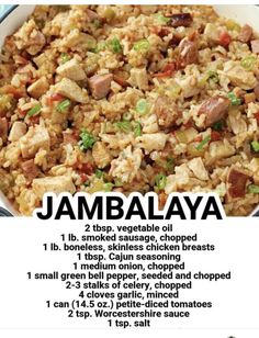 the recipe for jambaalaya is shown in a bowl with instructions to make it