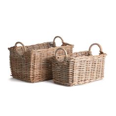 two wicker baskets sitting next to each other