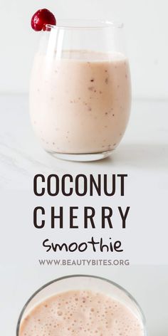 two glasses filled with smoothie and the words coconut cherry smoothie on top are shown