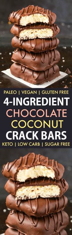 4-Ingredient No Bake Chocolate Coconut Crack Bars (Paleo, Vegan, Keto, Sugar Free, Gluten Free)- Easy, healthy and seriously addictive chocolate coconut candy bars using just 4 ingredients and needing 5 minutes! The Perfect snack or dessert to satisfy the sweet tooth! #keto Chocolate Coconut Candy, Healthy Vegan Dessert, Coconut Chocolate Bars, Cheesecake Vegan, Coconut Candy, Cake Vegan