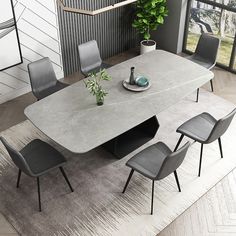 a dining table with chairs around it and a potted plant on the table top