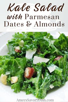 kale salad with parmesan, dates and almonds on a white plate