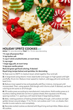 a recipe for holiday spritz cookies on a plate