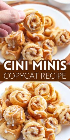 cinnamon buns with icing on top and the words gin mins copycat recipe below