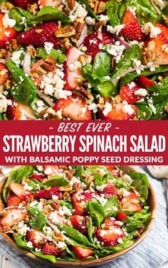 strawberry spinach salad with balsamic poppy seed dressing and feta cheese on top