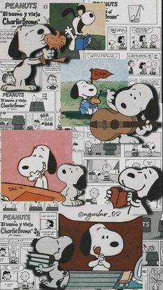 peanuts playing the guitar and singing in front of newspaper clippings with cartoon characters