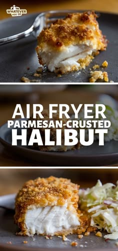 an air fryer parmesan crusted halibut on a black plate