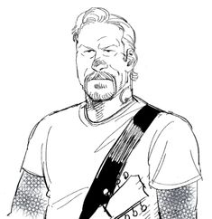 a black and white drawing of a man with an electric guitar in his right hand