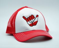 This is a red and white sanpback hat with the Diver Down Hang Loose symbol on the front panel.. Embrodiered right here in our Panama City Beach Florida design studio. FREE SHIPPING TO ANY USA CITY. SOLD EACH One size fits most Red Snapback Hip Hop Hat, Red Hip Hop Snapback Baseball Cap, Diver Down, Usa City, Red Cotton 5-panel Snapback Hat, Panama City Beach Florida, Florida Design, Hang Loose, Panama City Beach