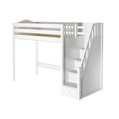 a white loft bed with stairs next to it and storage drawers underneath the bottom bunk