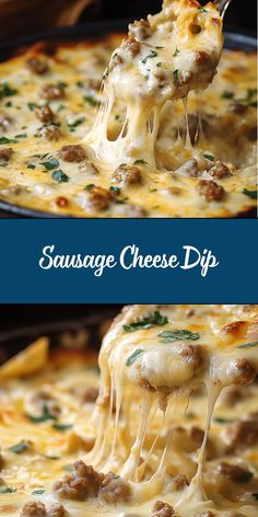 sausage cheese dip is being lifted from a casserole dish in a skillet