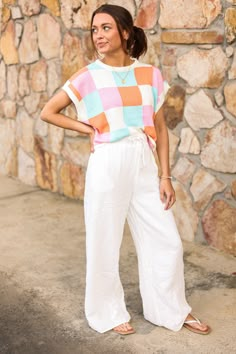 Our "Lets Go To The Beach Pants" are white linen pants. They have an elastic waistband with a drawstring. They are a wide leg pant and are perfect for spring and summer! This is paired with our "Pastel Colorblock Top". Our model is wearing a Small. Womens Linen Pants Outfit, Pastel Wide Leg Pants, Causal Beach Outfits, Womens Sets Outfit Two Pieces, Linen Pants Teacher Outfit, Linen Beach Pants Outfit, Linens Pants Outfit, Cream Pants Outfit Summer, Beachy Work Outfits