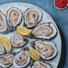 a painting of oysters on a plate with lemon wedges and ketchup