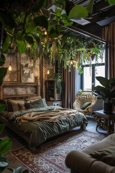 a bedroom with plants hanging from the ceiling and a bed in front of a window