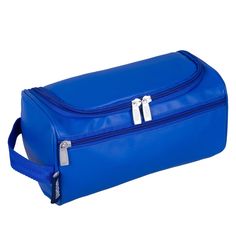 a blue toilet bag with two zippers on the side