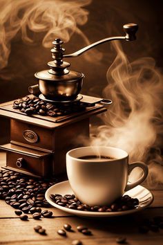 a cup of coffee sitting on top of a saucer next to a pile of beans